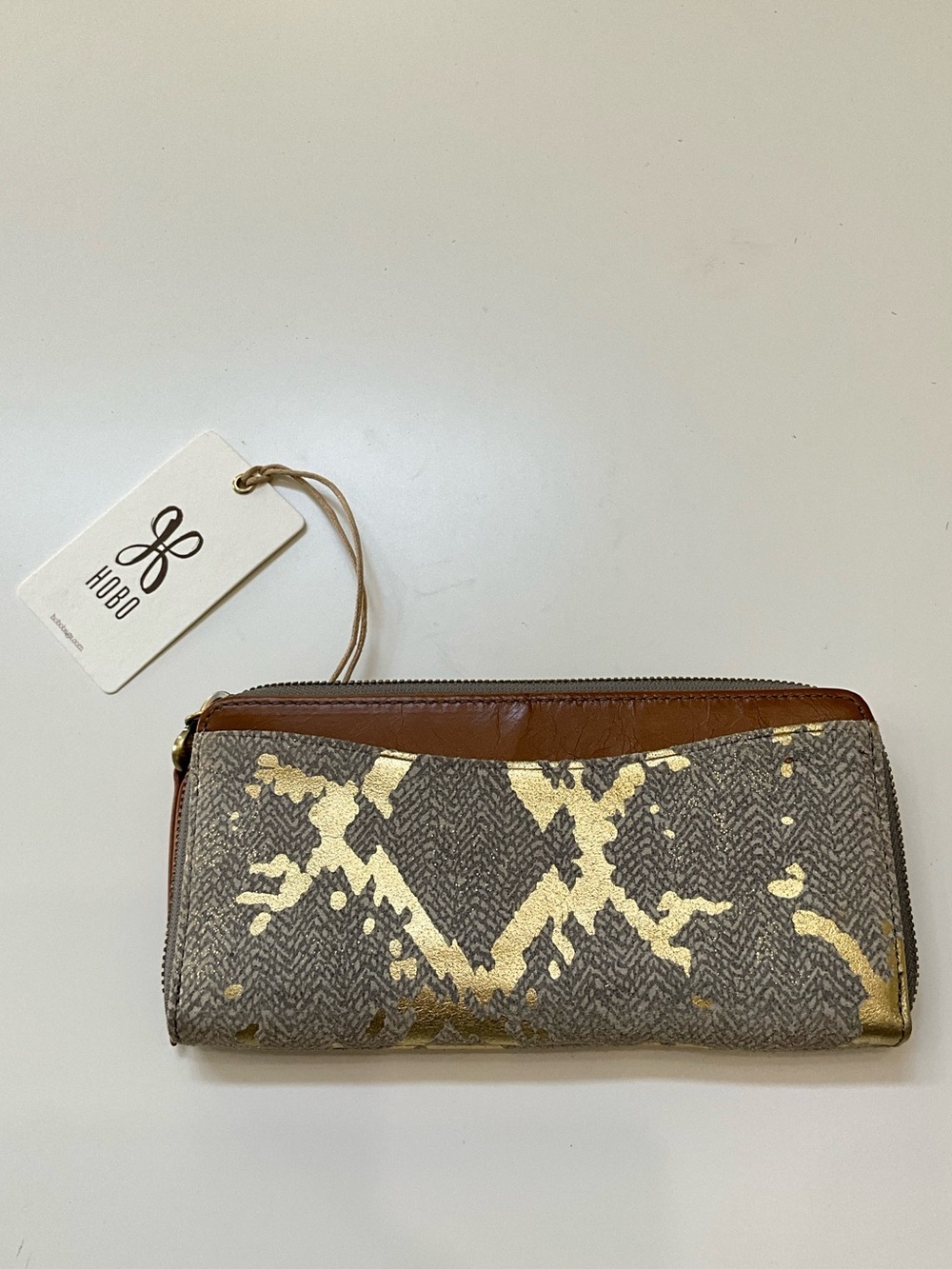 HOBO Max Gray Gold Foil Leather Zip Around Organizer Wallet Brown Trim NWT